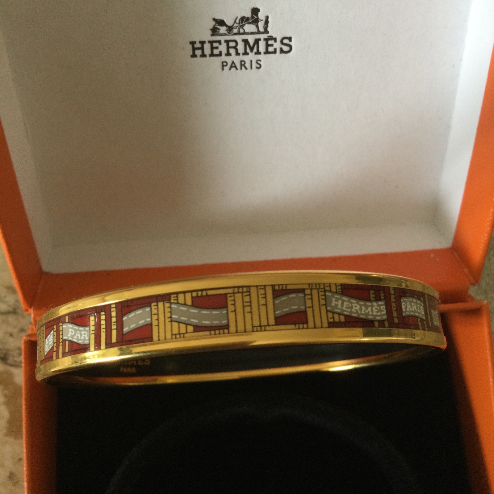 Hermes Printed Enamel Bangle Bracelet Ribbon Logo / With Box / Pre-Owned