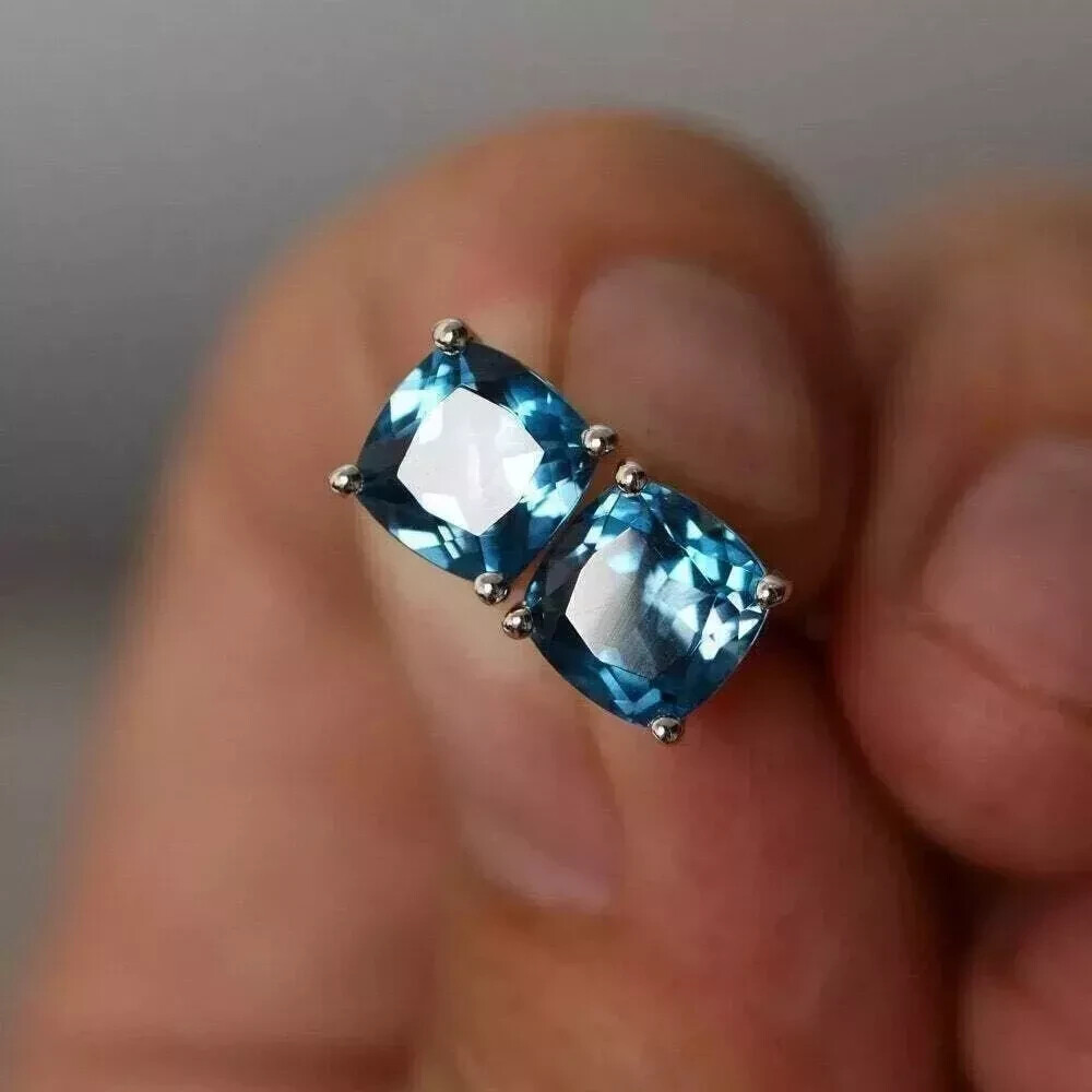 2Ct Cushion Cut Lab Created London Blue Topaz Stud Earring 14K White Gold Plated