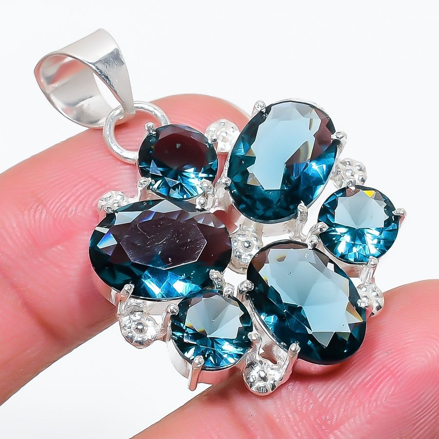 London Blue Topaz Gemstone 925 Sterling silver Jewelry Pendant Size 1.8”