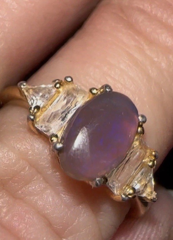 Natural Solid Australian Lightning Ridge Black Crystal Opal 18k Gold/ 925 SS 7