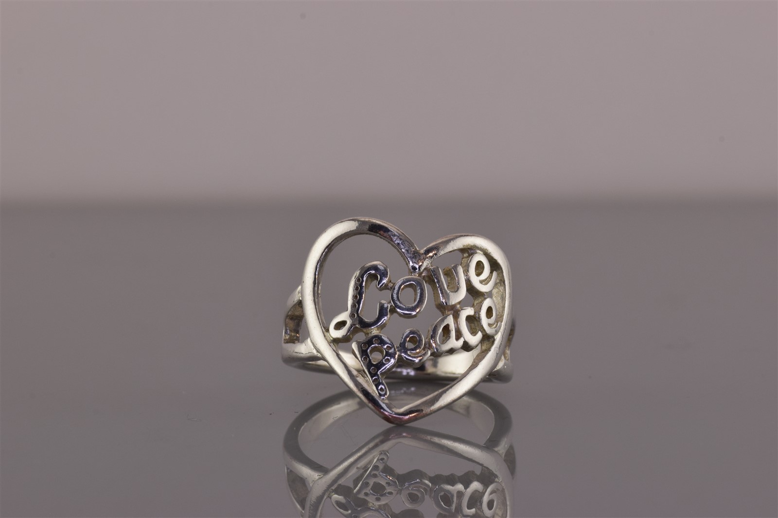 Sterling Silver 19mm Framed Openwork LOVE PEACE Heart Band Ring 925 Sz: 7