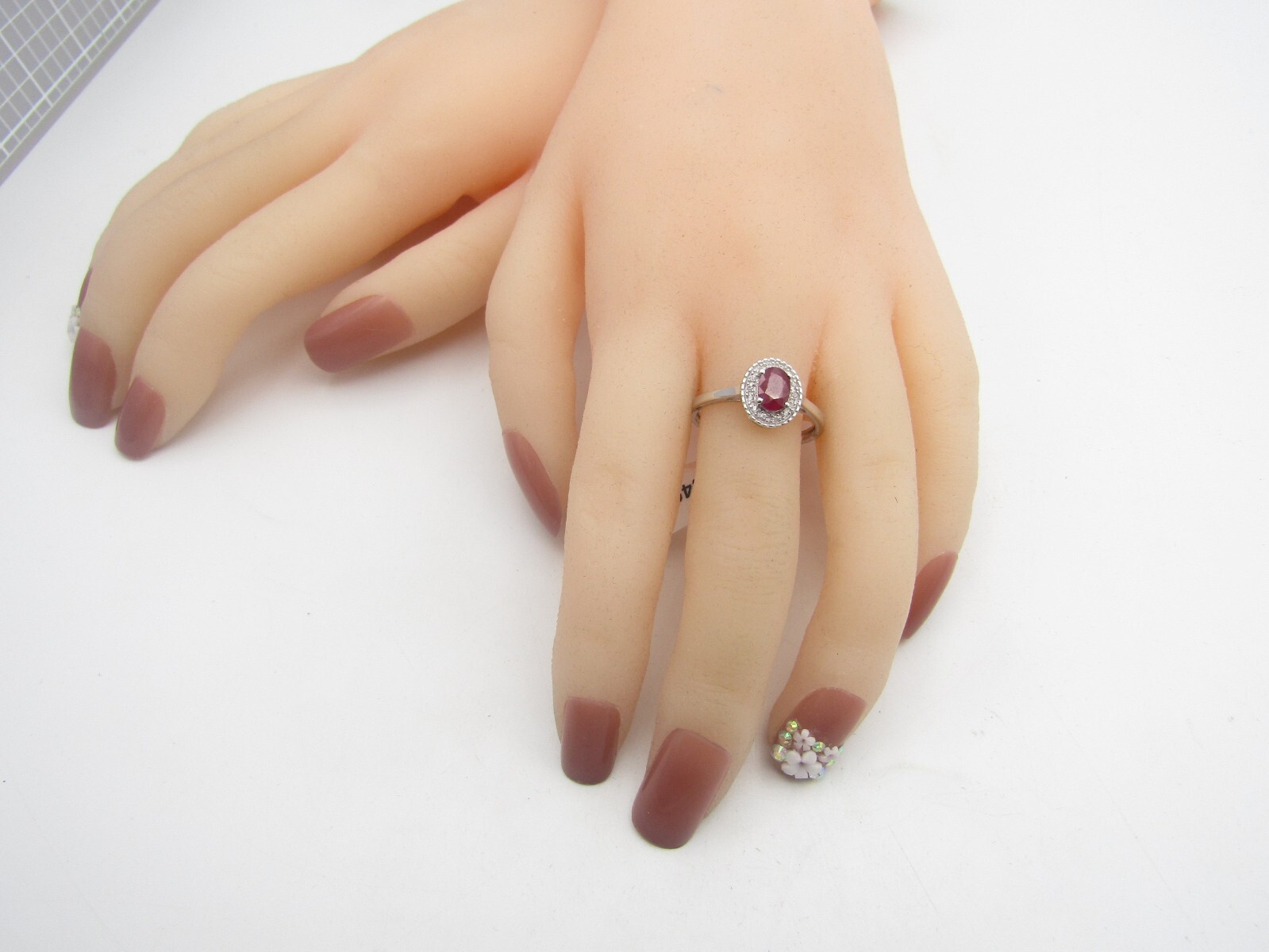 GORGEOUS 5X7mm RUBY AND DIAMOND HALO RING Sterling Silver 925 NWT Size 9 RG12