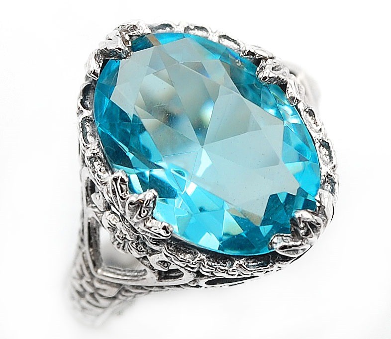 10CT Aquamarine 925 Solid Sterling Silver Art Deco Ring Sz 6 AZ2