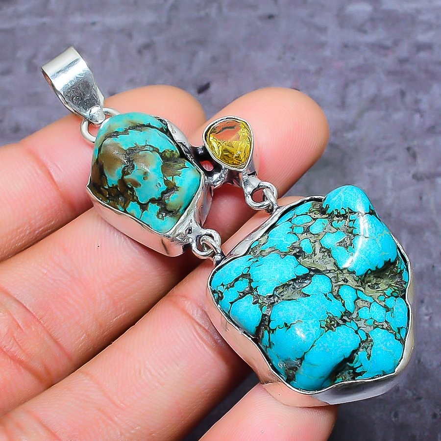 Tibetan Turquoise, Citrine 925 Sterling Silver Jewelry Pendant 2.76″