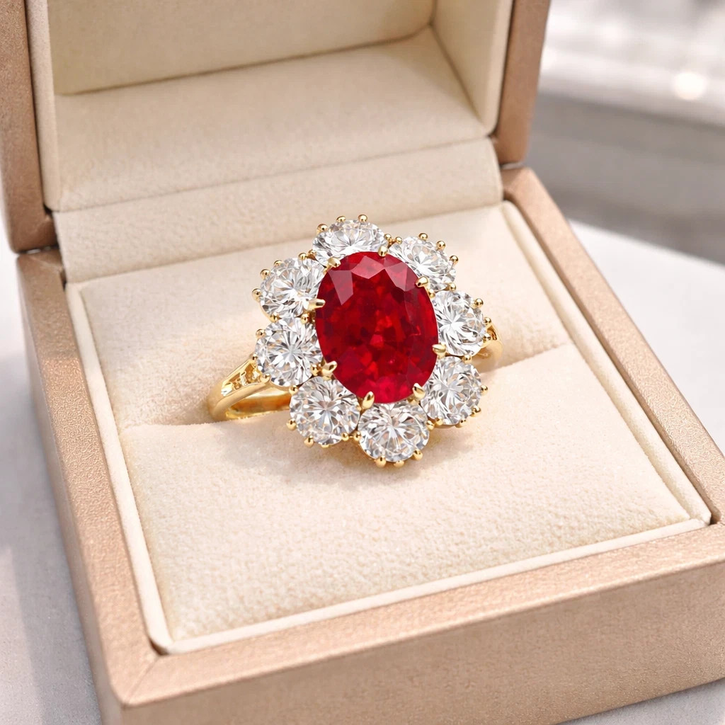 3.50 Ct Oval Cut Natural Ruby & Diamond Wedding Ring 14K Yellow Gold