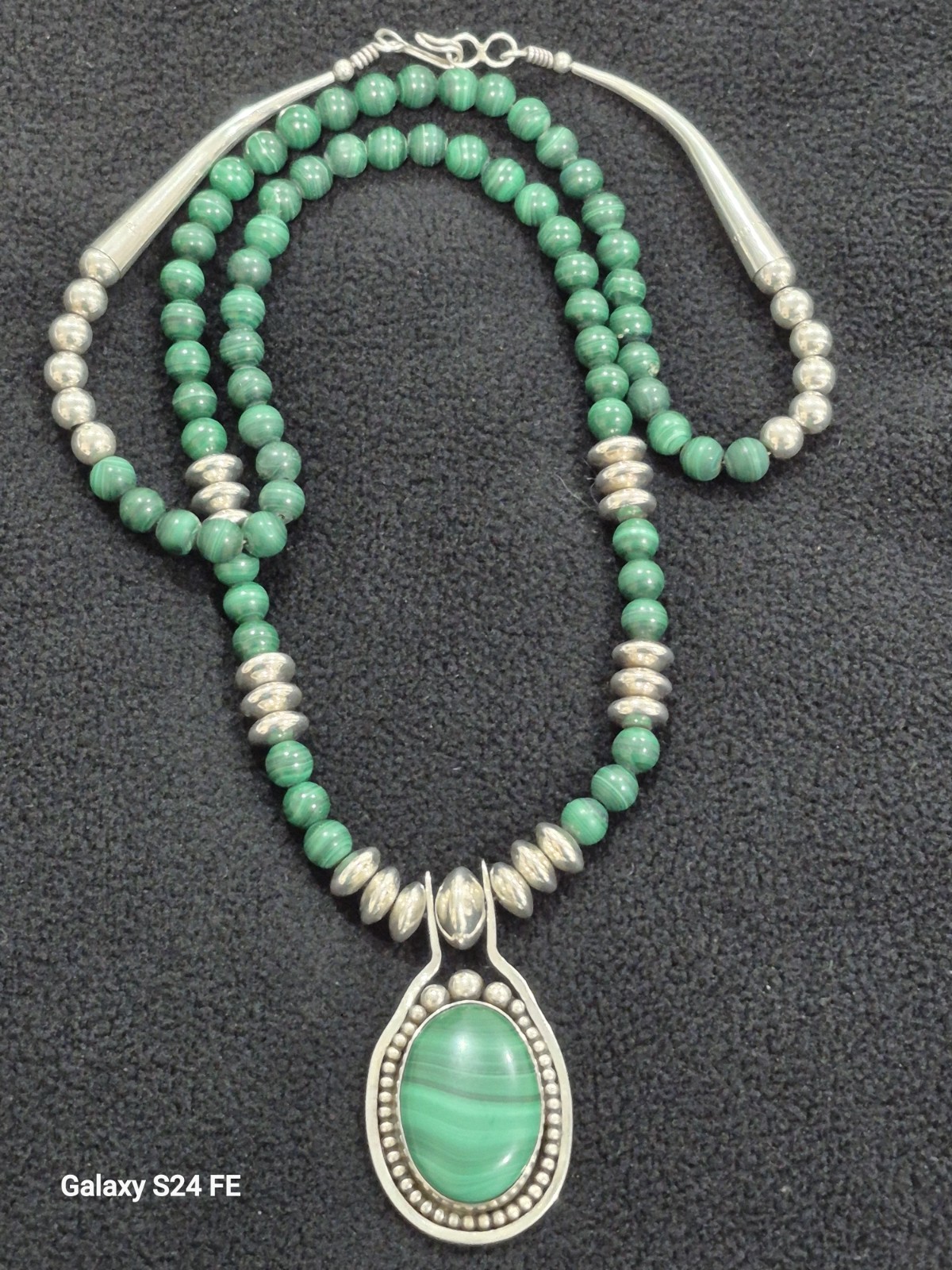 Sterling Silver Malachite 4mm Beaded Necklace 14″ Length 56.699g Total Weight