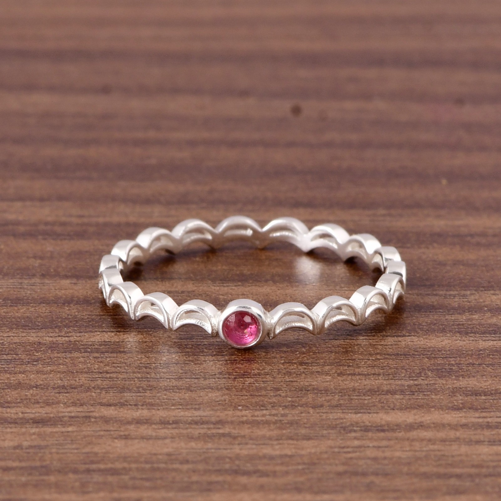 925 Sterling Silver Pink Topaz Wave Band Stackable Eternity Ring Gift For Wife
