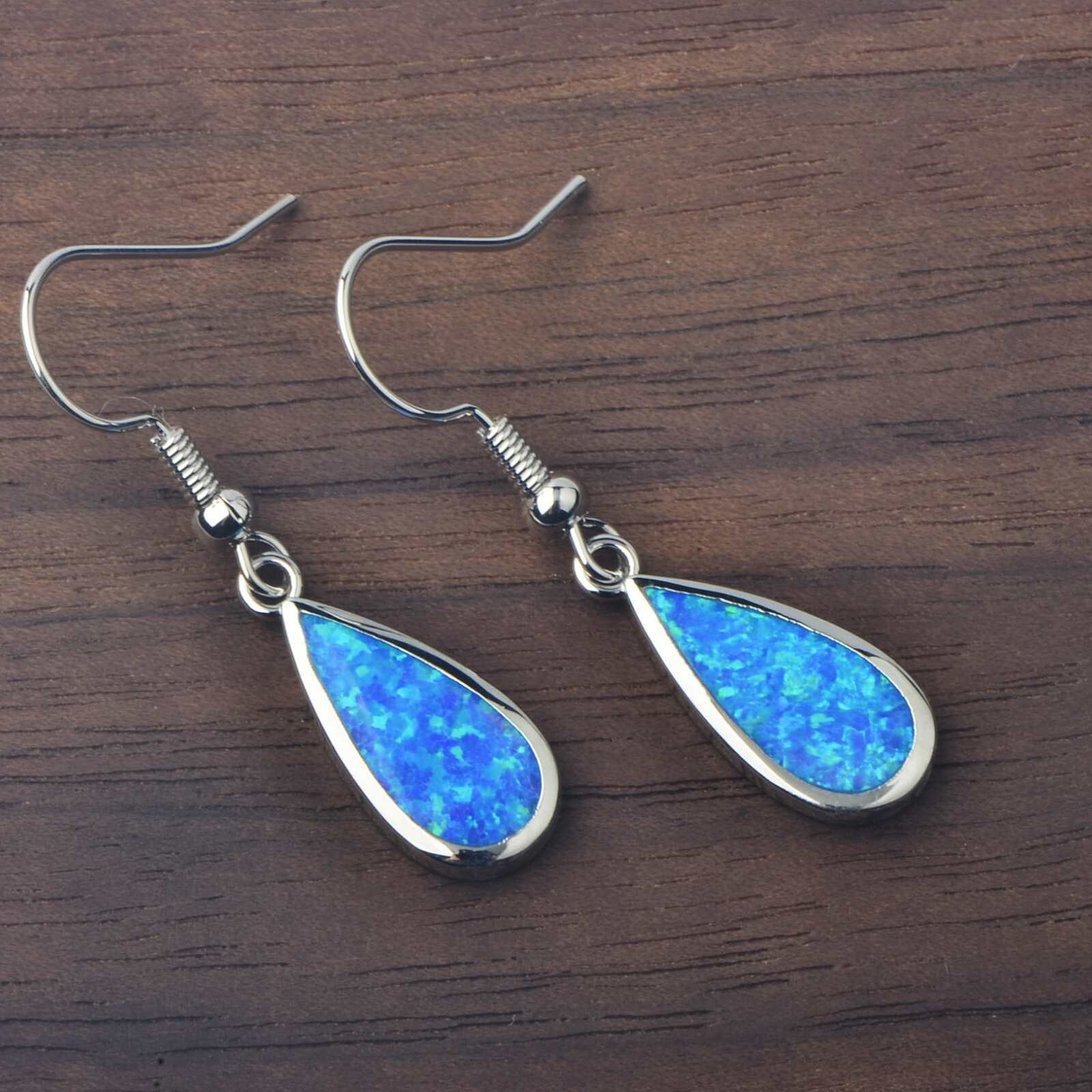 Hawaiian Blue Fire Opal Drop Shape Earrings Silver Filled For Women Girls