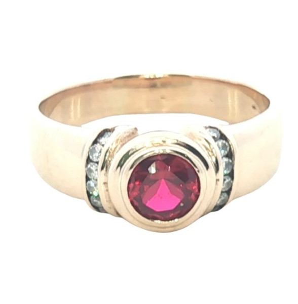 Fine 14ct Gold Crafted Ruby Centre with Channel Set Diamonds-5.69g- Size P 1/2