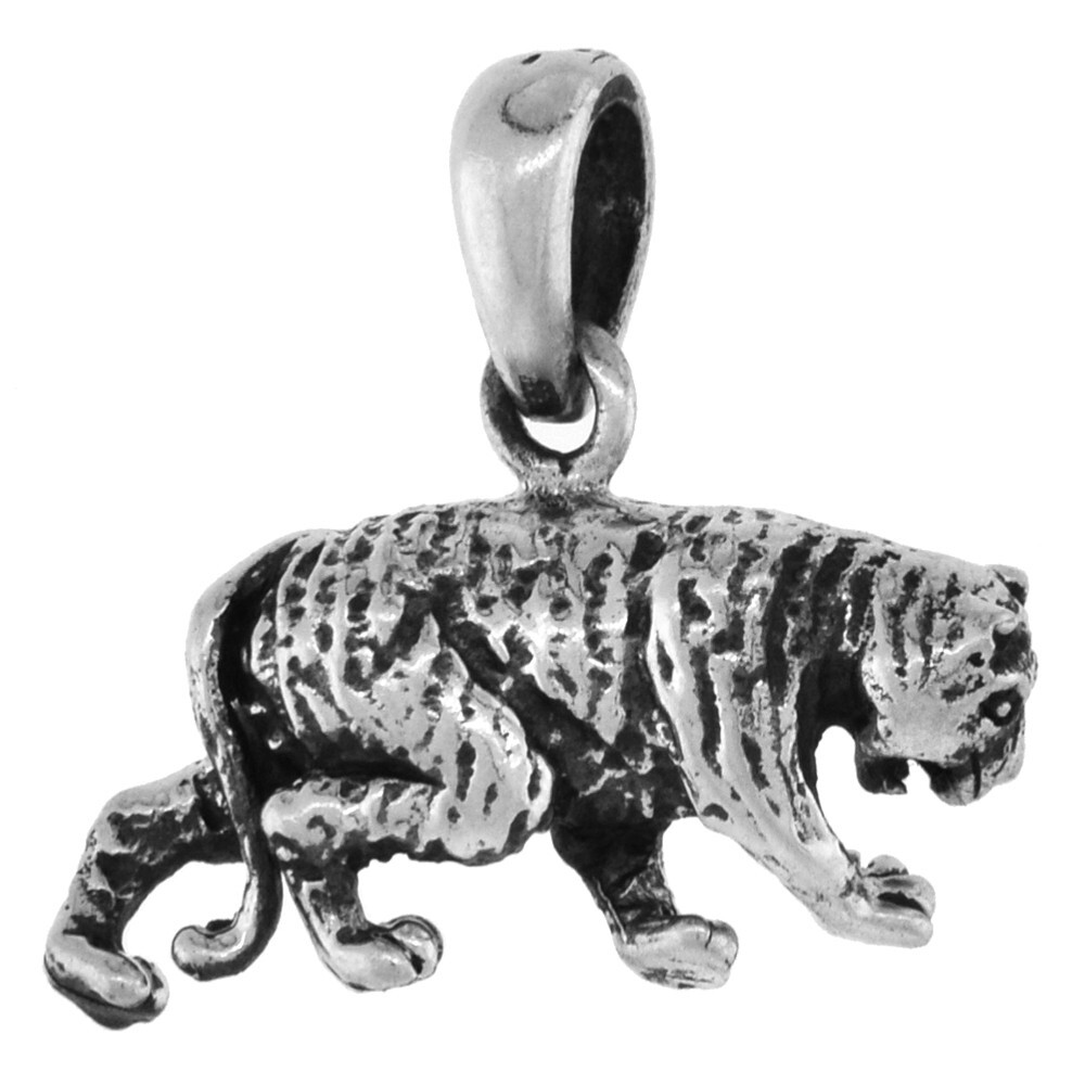 925 Sterling Silver Small Tiger Pendant Oxidized Finish 3/4 (19mm) Inch Tall