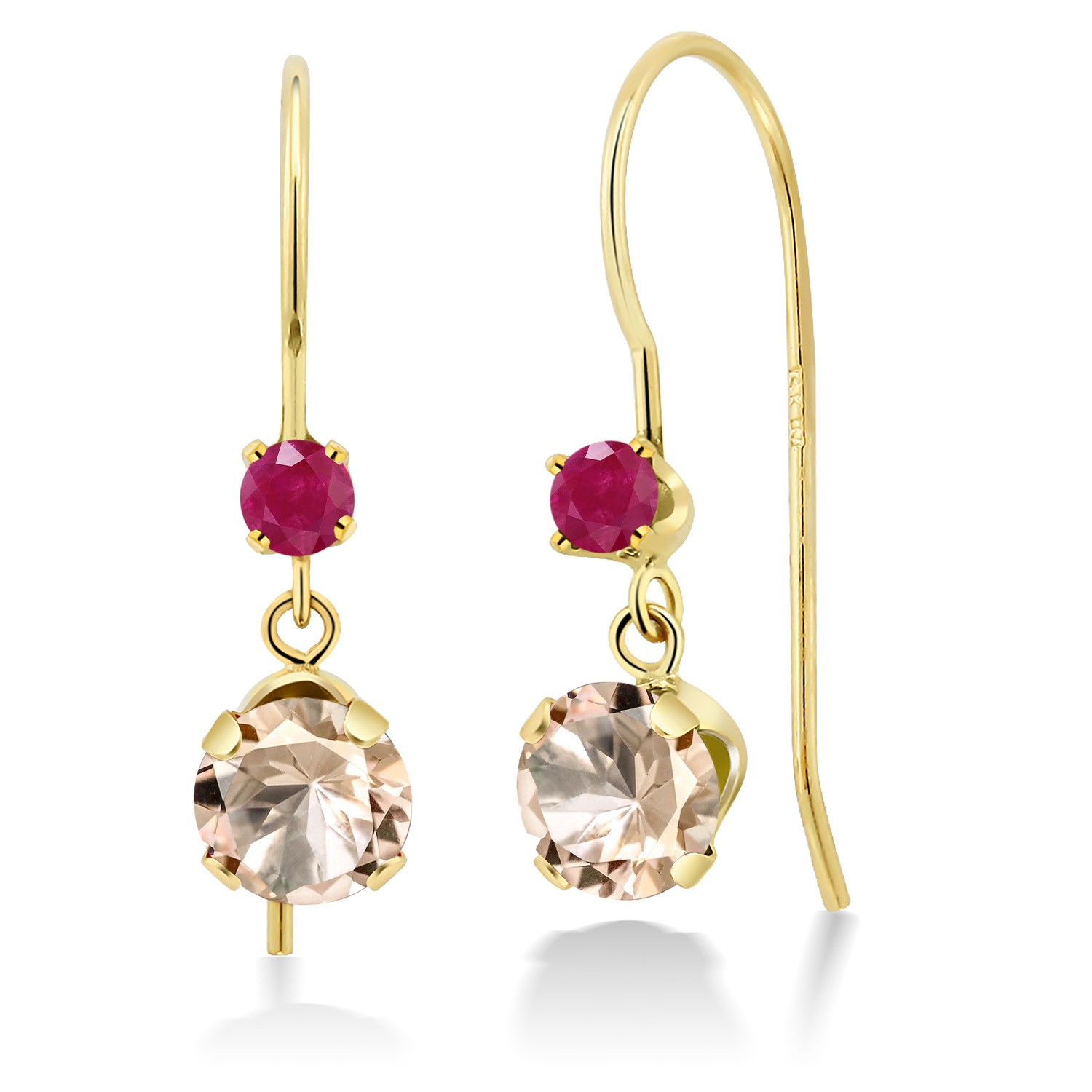 14K Yellow Gold Peach Morganite and Ruby French Wire Dangle Hook Earrings For