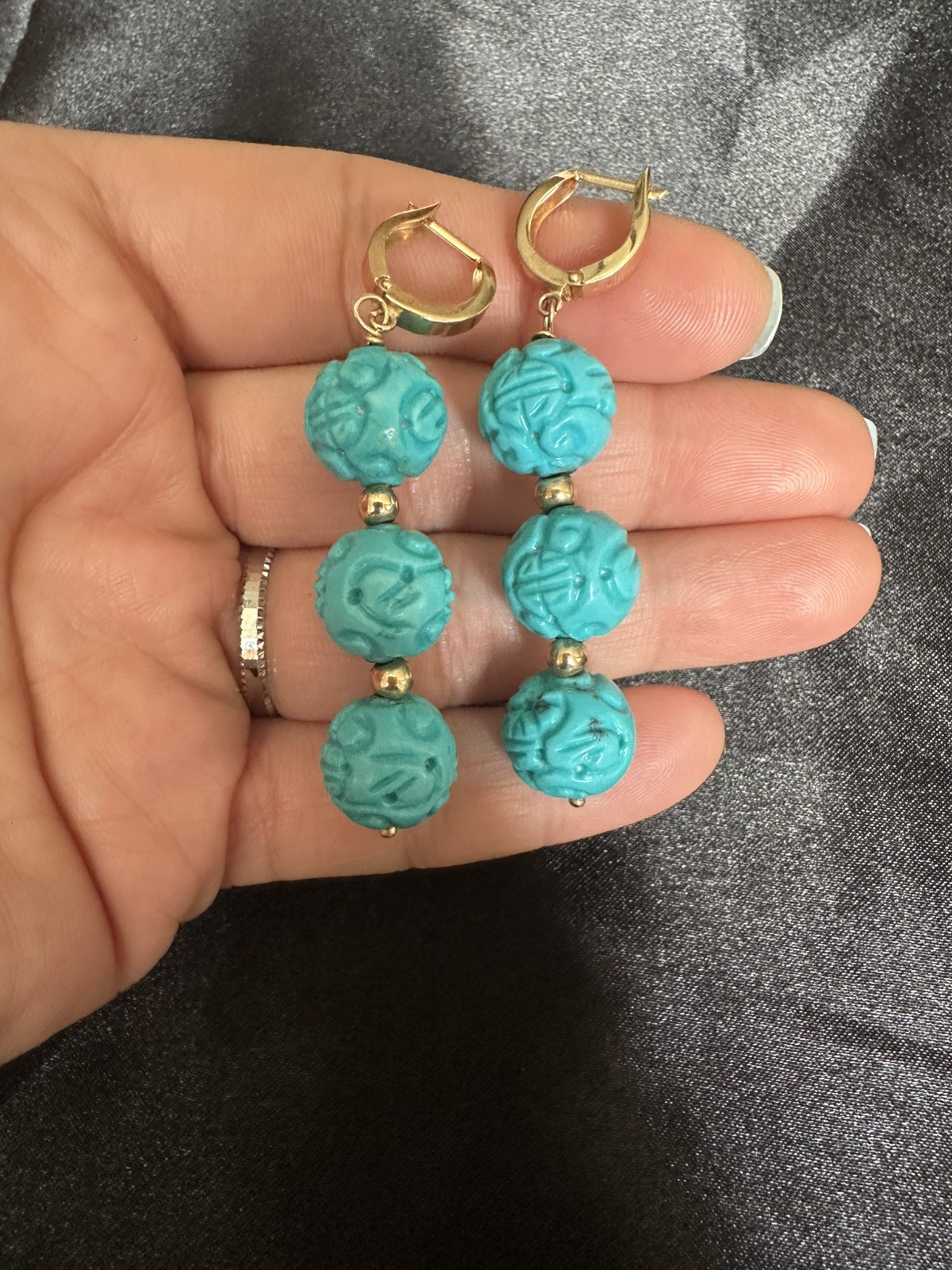 14K Gold Turquoise Carved Bead Dangle Earrings Chinese Style