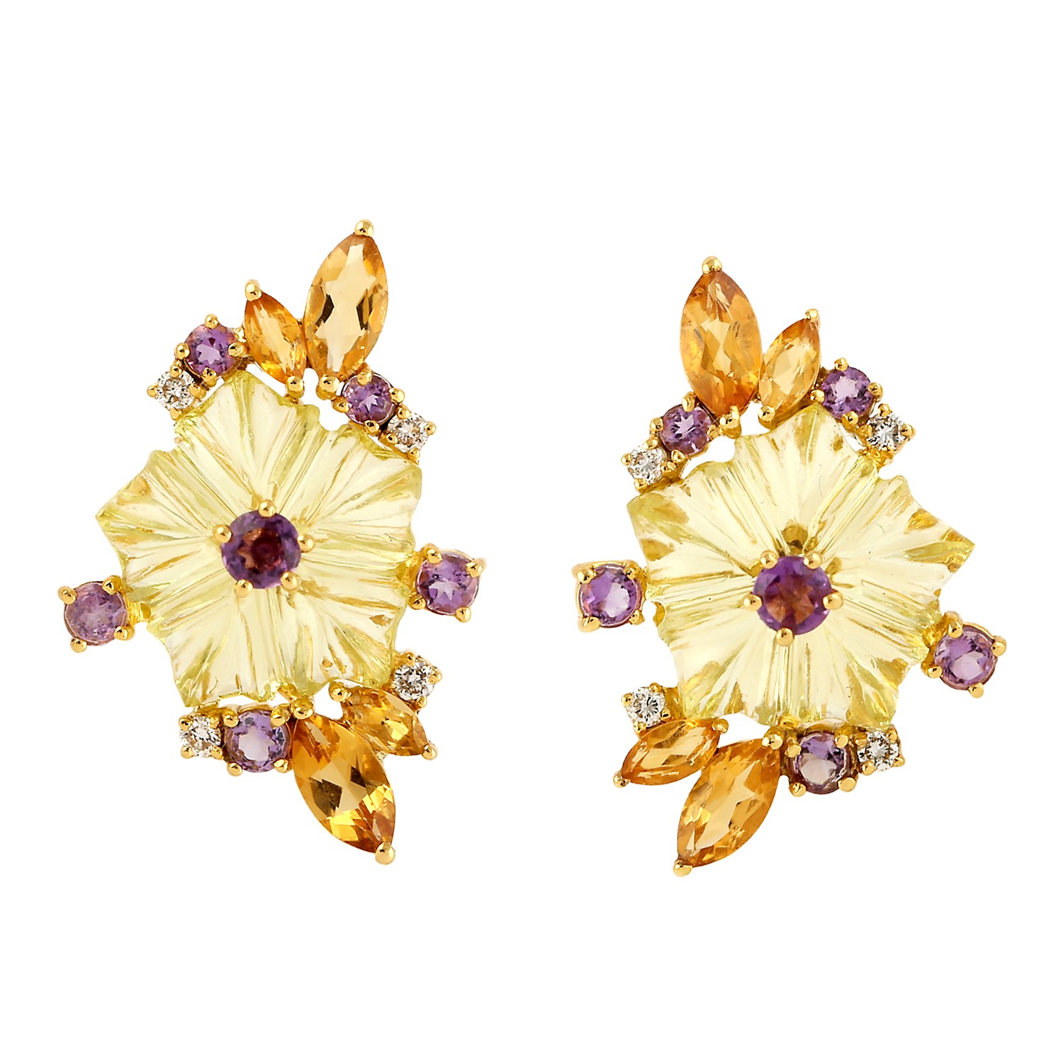 18k Yellow Gold Stud Earrings For Women In Diamond And Multi Gemstone Christmas