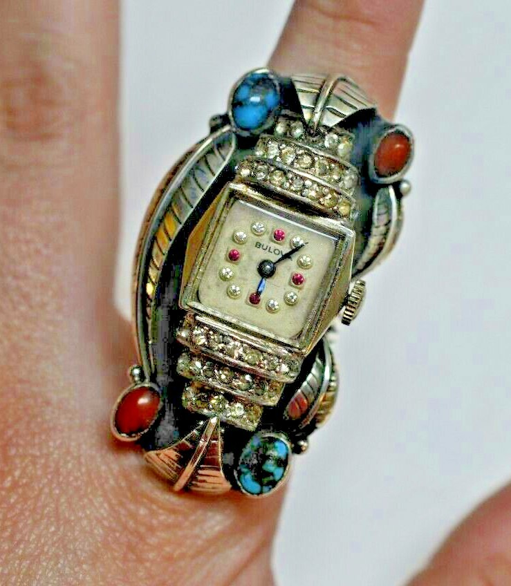 Sterling Silver Bulova Coral, Turquoise and Cubic Zirconia Long Leaf Ring 6.5