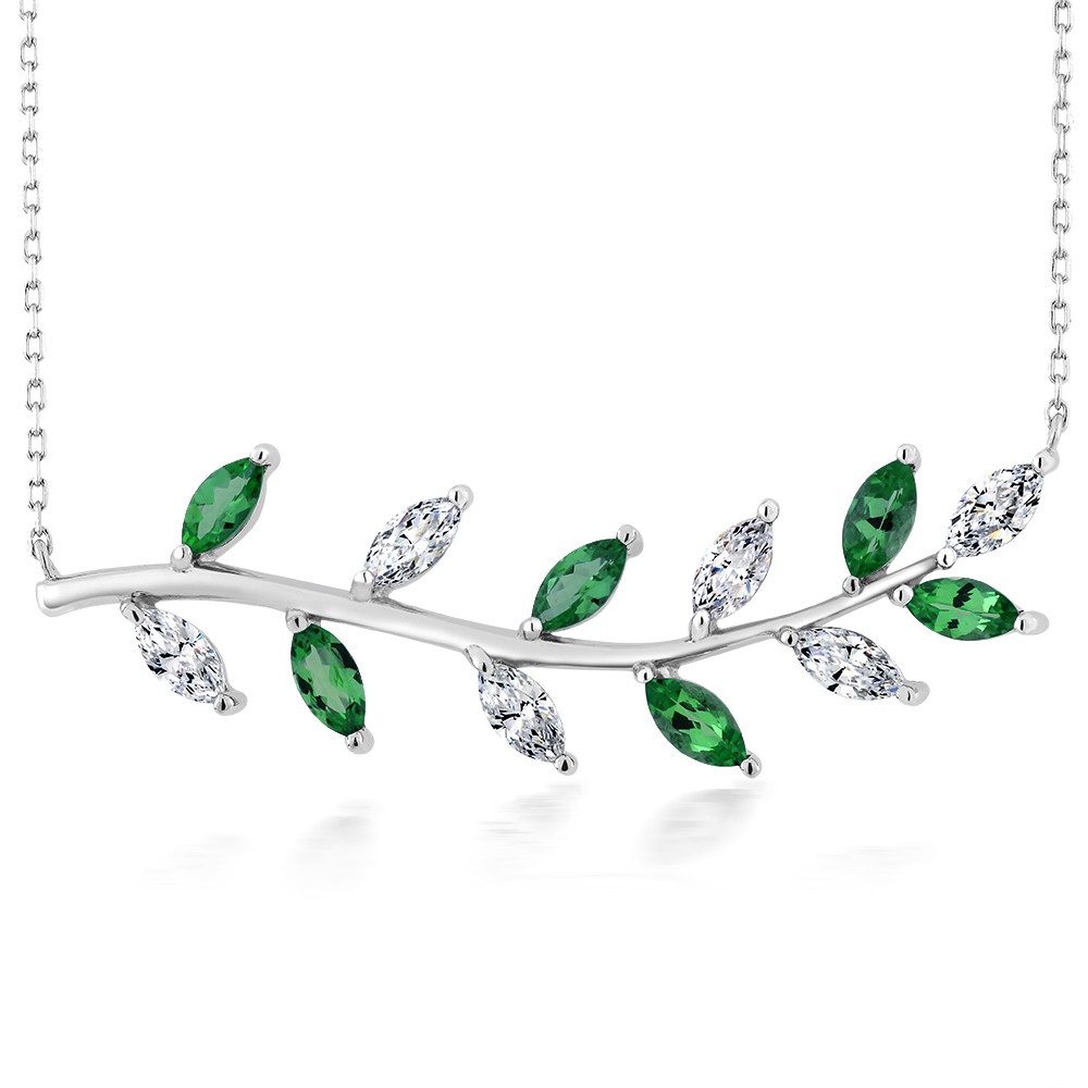 925 Sterling Silver Green and Zirconia Leaf Pendant Necklace For Women (2.64