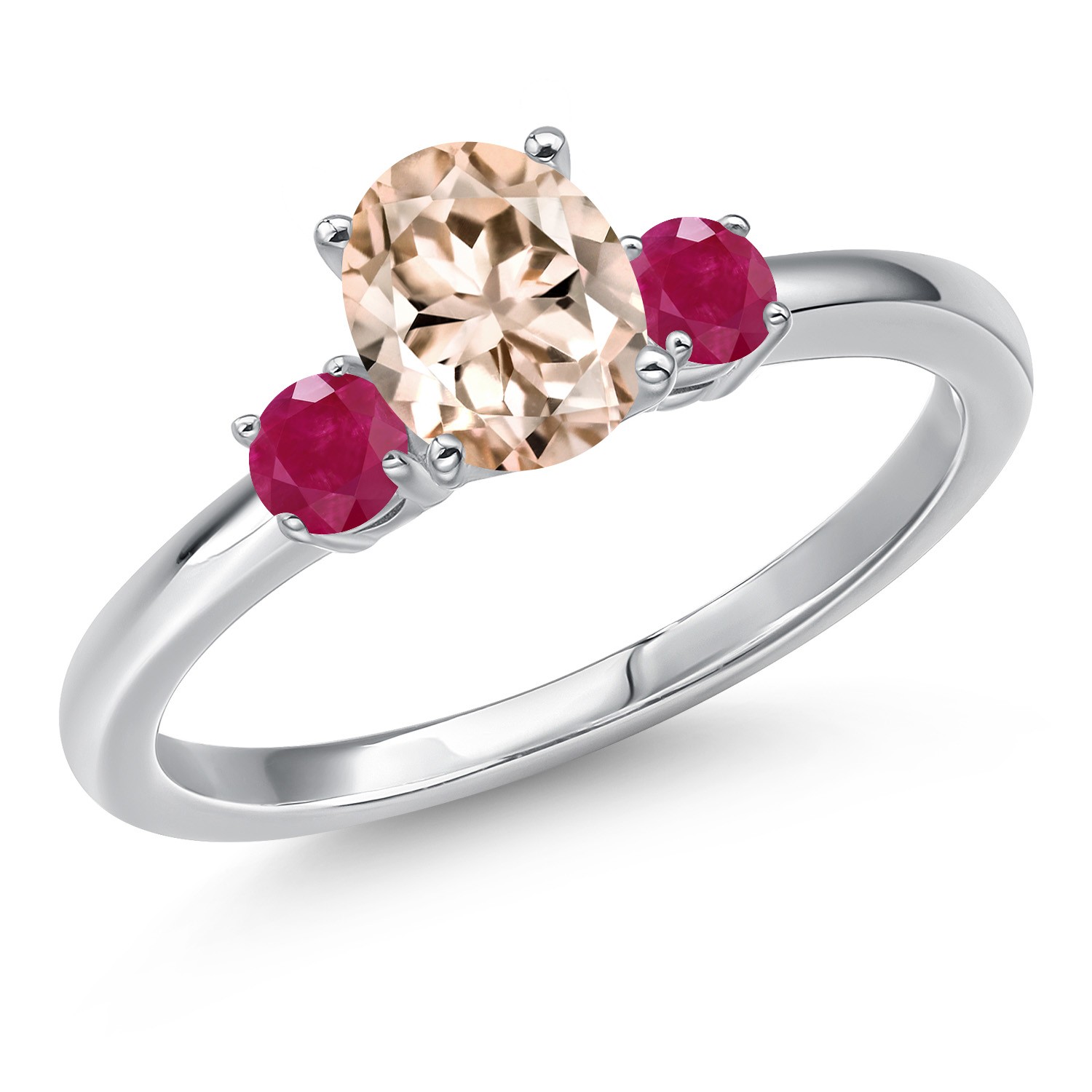 0.96 Ct Oval Peach Morganite Red Ruby 14K White Gold Ring