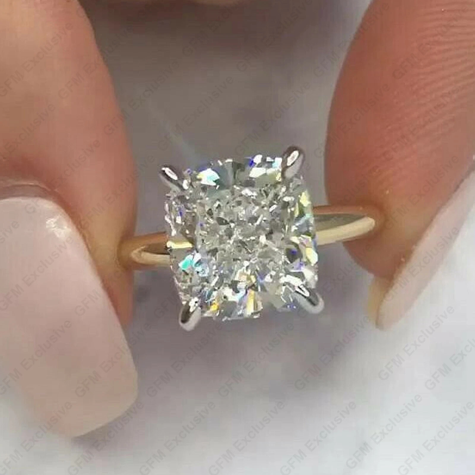 5.0Ct Cushion Cut Moissanite Solitaire Engagement Ring 14K Multitone Gold Plated
