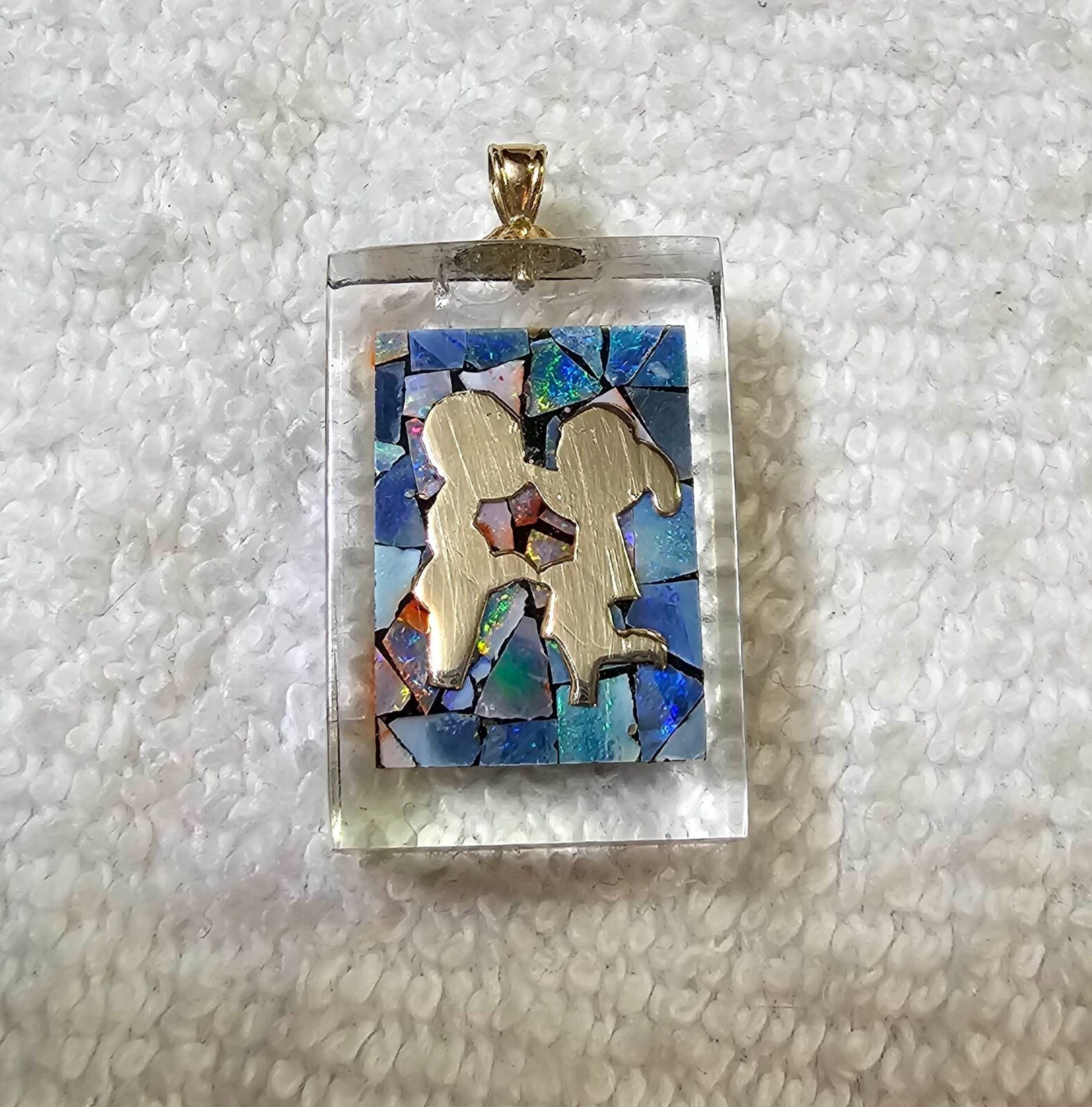 14k gold Bail Pendant Boy & Girl Couple Holding Hands Acrylic Mosaic 4g-tested