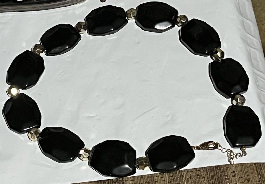 2000s Chunky Necklace Faux Black Onyx beaded Plastic 19” Long 1” X 1-1/4”