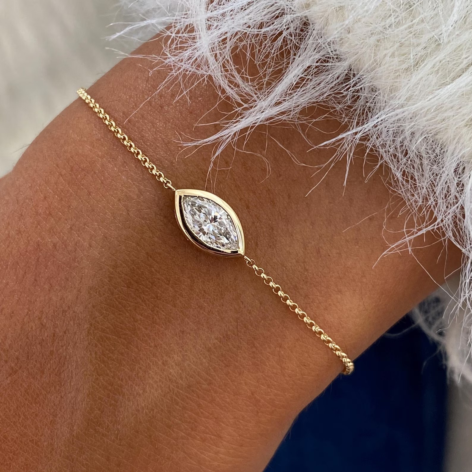 Marquise Lab Created Diamond Gift Her Chain Bracelet Solid 14k Yellow Gold Over
