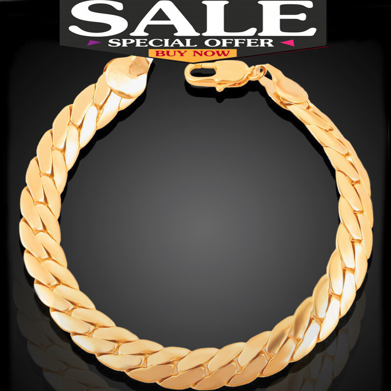 18k Gold Chain Bangle 6MM Men 21cm Men Bracelet Women Gold Plated Jewelry