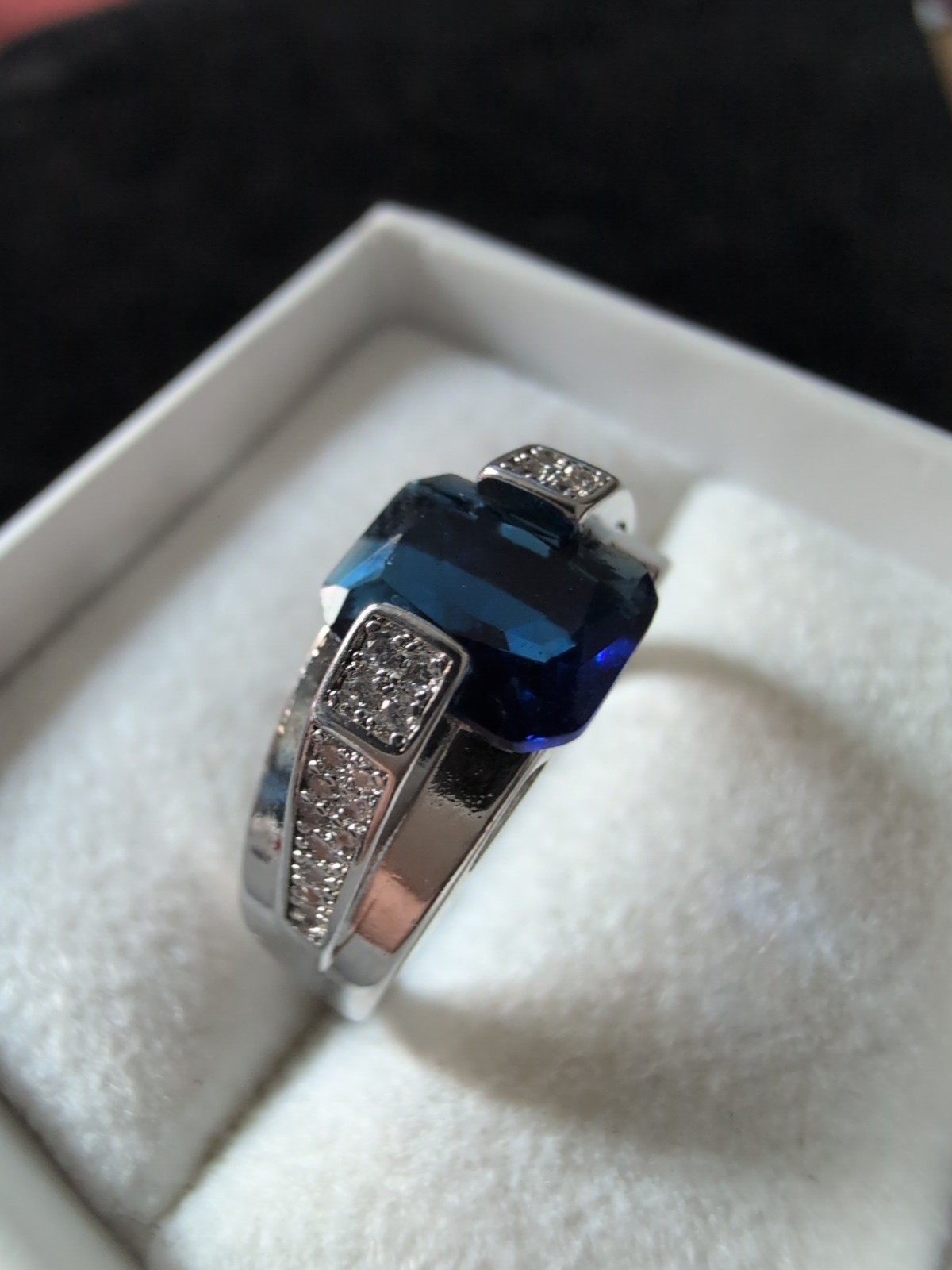 Sterling 925 Custom Crafted Emerald Cut London Blue Topaz Eye Clean Size 8.5