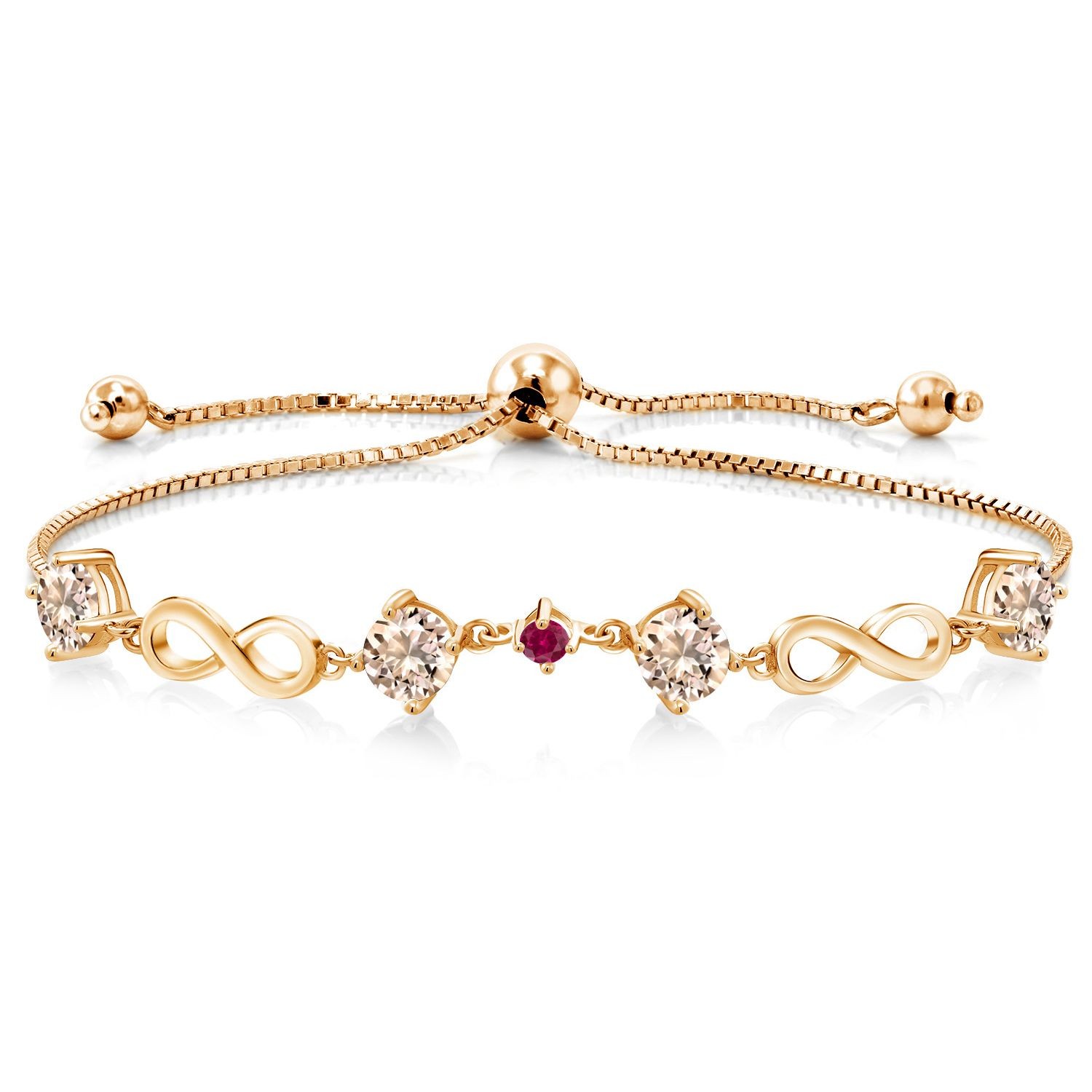 1.66 Ct Peach Morganite Red Created Ruby 18K Yellow Gold Plated Silver Bracelet