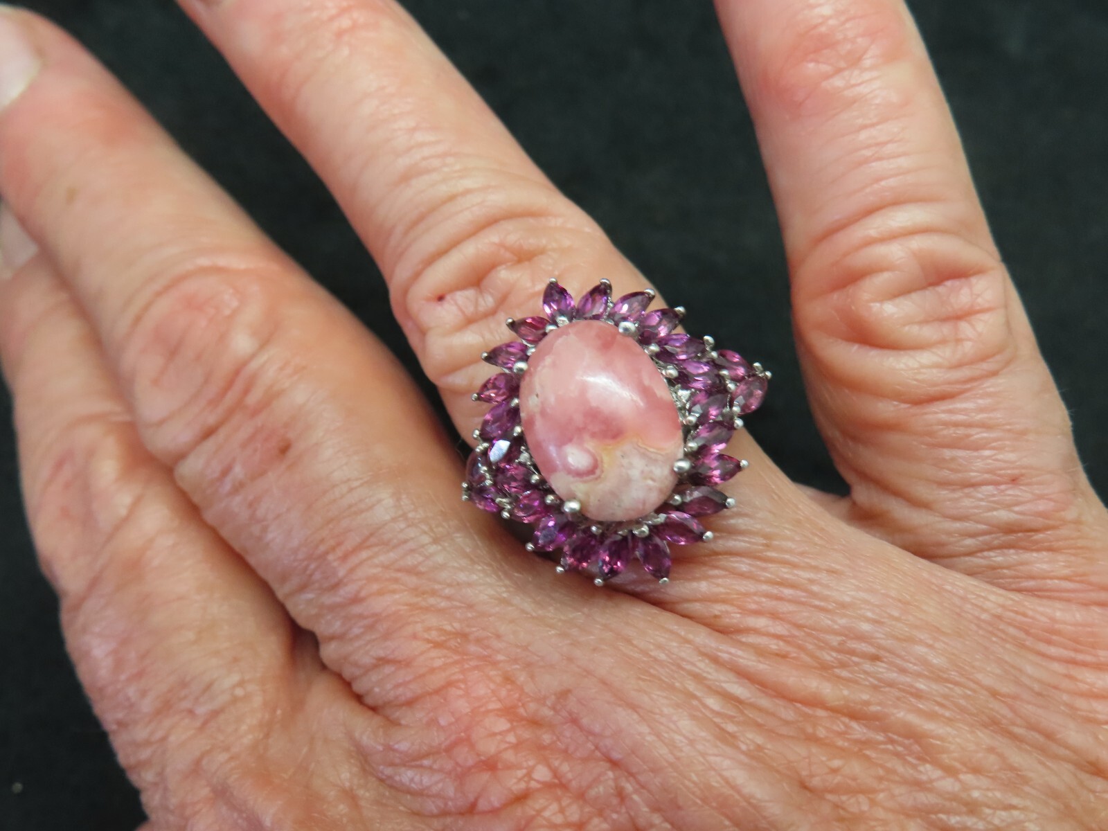 Contemporary Sterling Silver Rhodochrosite & Pink Garnet Ring SZ 8.25