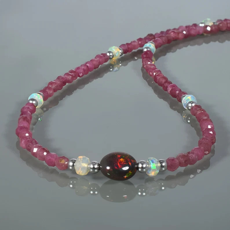 Handmade Welo Fire Opal Pink Tourmaline Beaded Necklace 925 Sterling Silver 18″