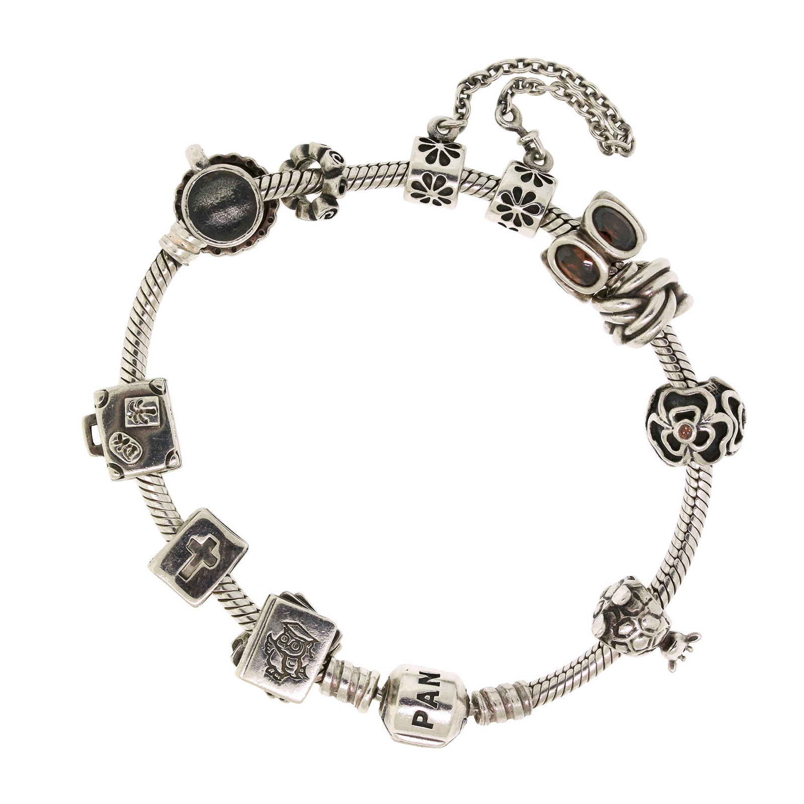 Pandora Sterling Silver Suitcase, Book, Flower Charm Bracelet 7.5″