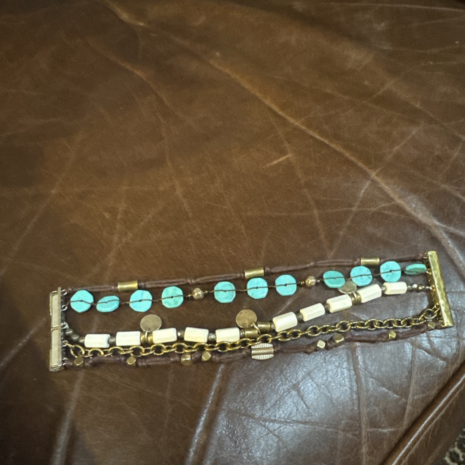 Silpada Beachcomber .925 Sterling Silver Brass Bracelet Faux Turquoise Leather