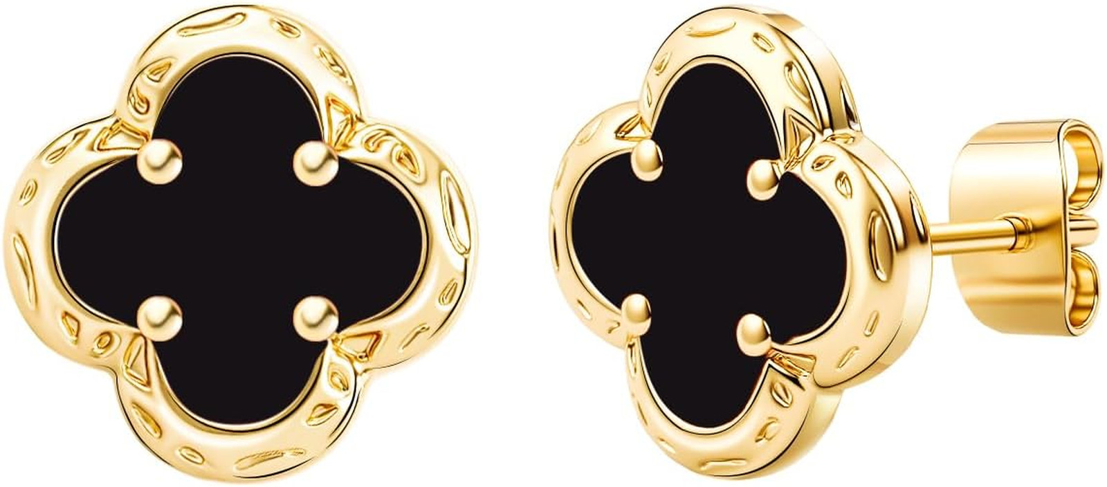 Elegant Black Onyx Clover Stud Earrings, 14K Gold Plated Four Leaf Hypoallergein