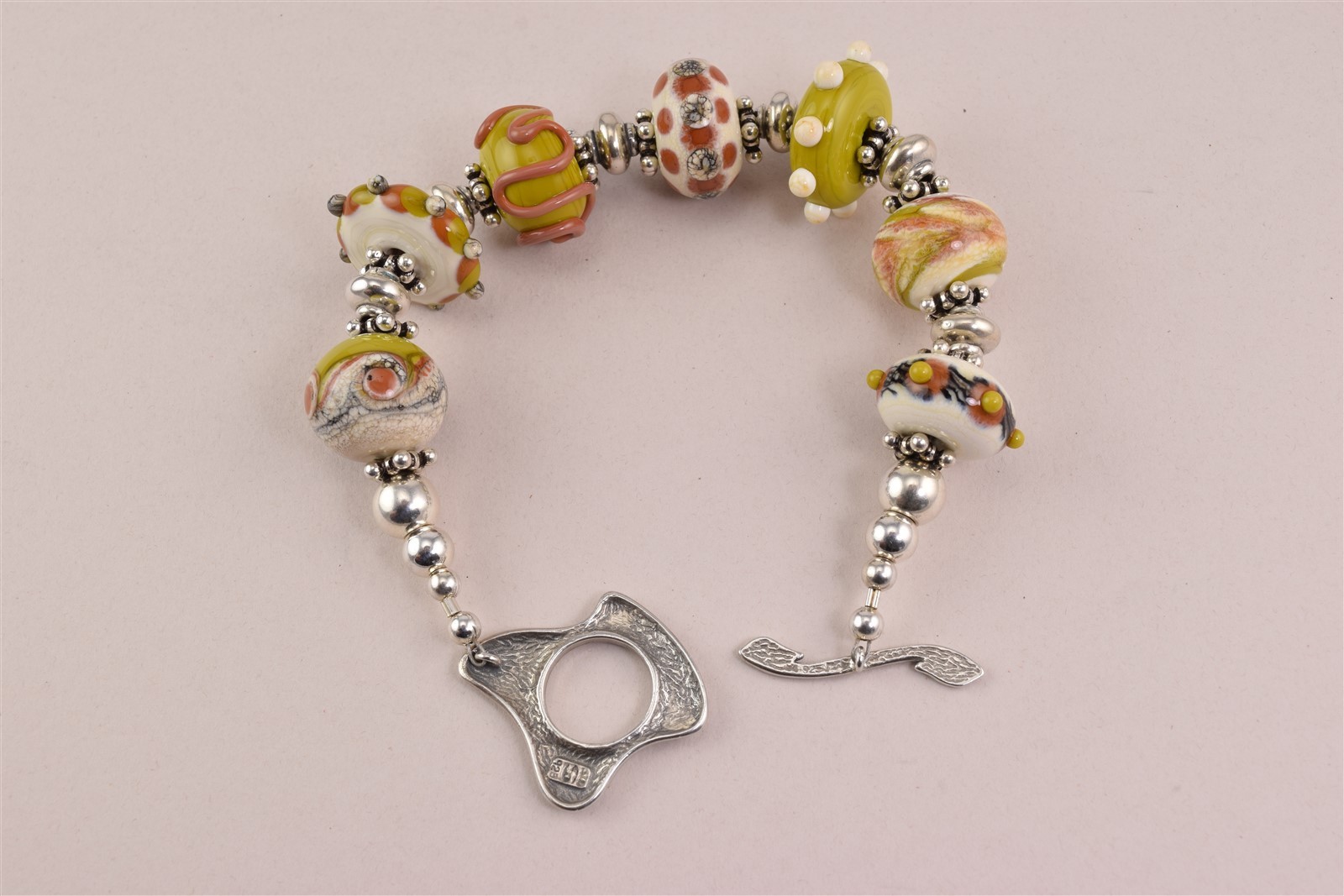 Chunky Sterling Silver Ornate Ceramic Bead Statement 925 Toggle Bracelet 50g 8″