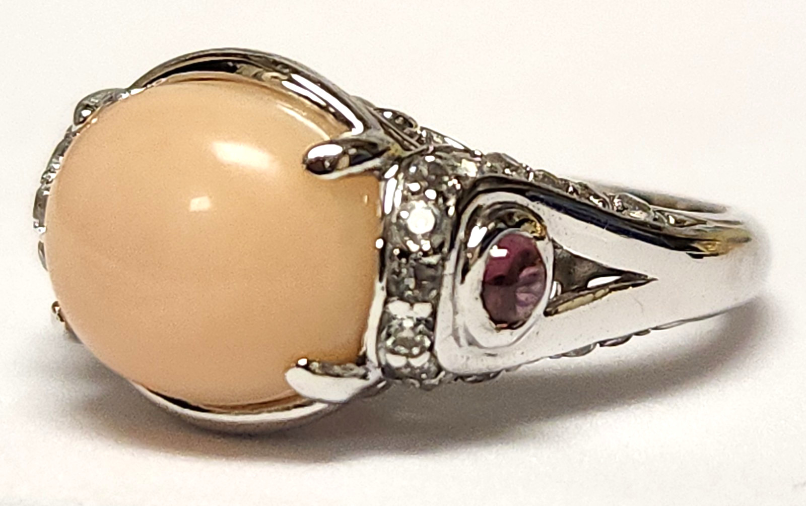 Victoria Wieck Peach Pink Opal & Tourmaline Cabochon Sterling Silver Ring 6.5