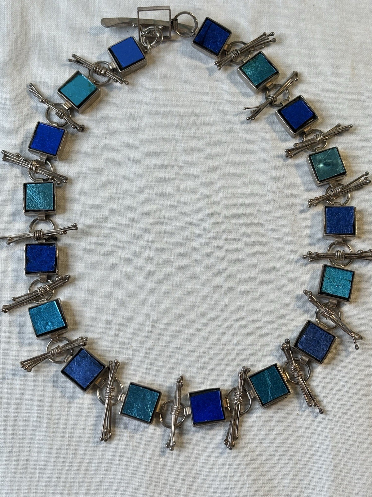 Navratil Necklace Sterling Artisan Squares Colored Glass 925 Shafts Toggle Clasp