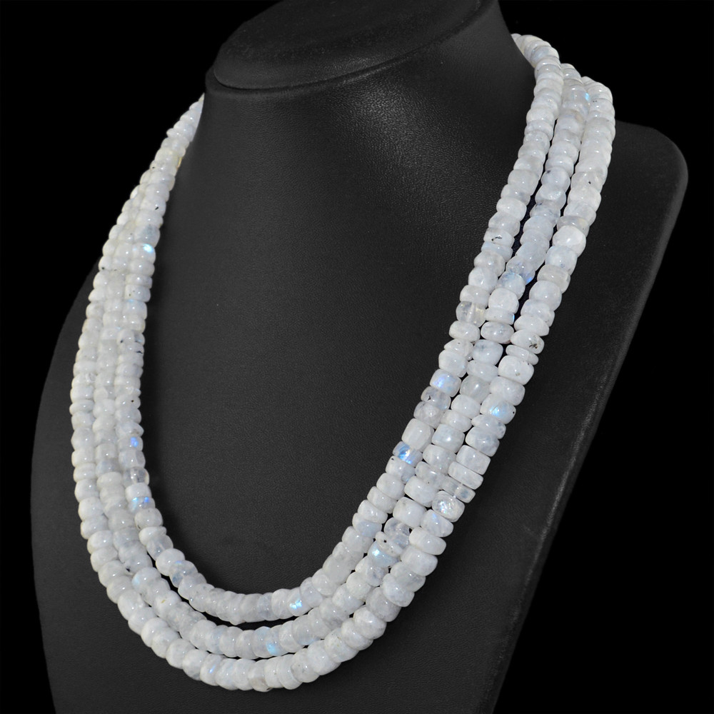 Amazing 3 Strand 750.00 Cts Unheated Blue Flash Moonstone Beads Necklace (DG)