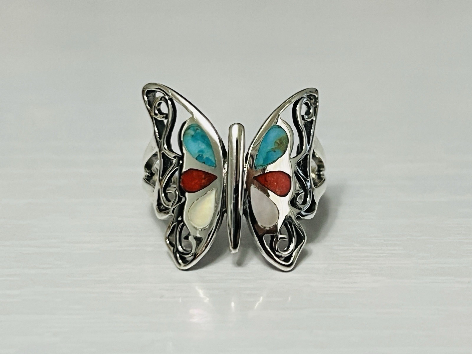 Sterling Silver 19mm Multi Stone Inlay Butterfly Ring