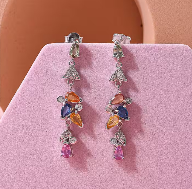 AAAA Multi-Sapphire 925 Sterling Silver “Vine Droplet” Dangle Earrings.