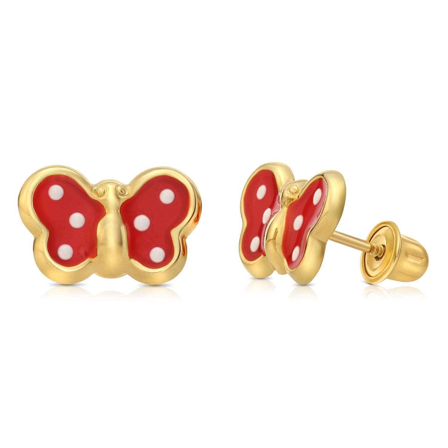 14K Real Solid Yellow Gold Baby Butterfly Enamel Stud Earrings Screw-back Studs