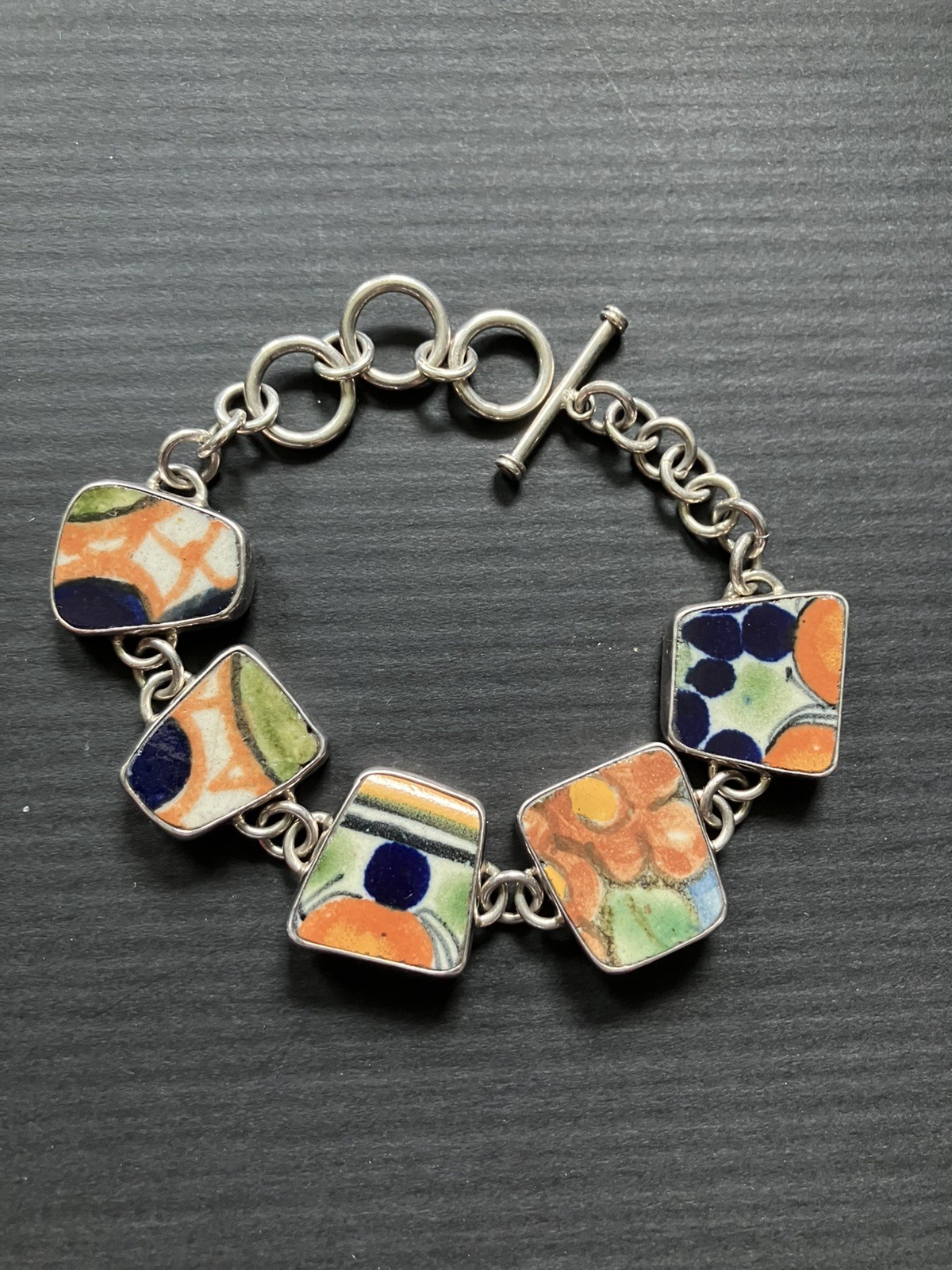 Handmade Sterling Silver TERRACOTTA Glazed Pottery 7-8.25” Toggle Bracelet