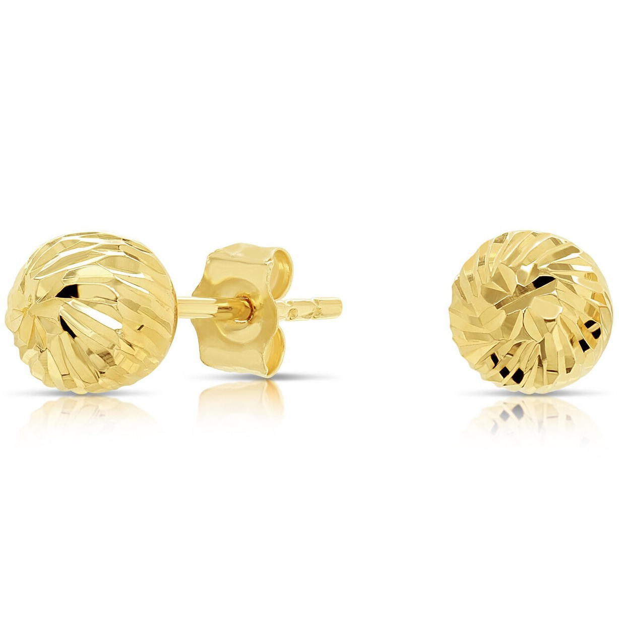 14K Real Solid Gold Spiral Diamond-Cut Round Ball Bead Studs Earrings Push-back