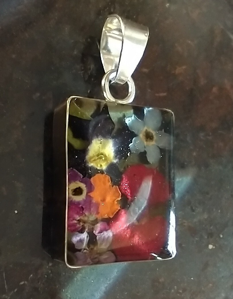 Sterling Silver Band with Dried Flowers in Resin Pendant