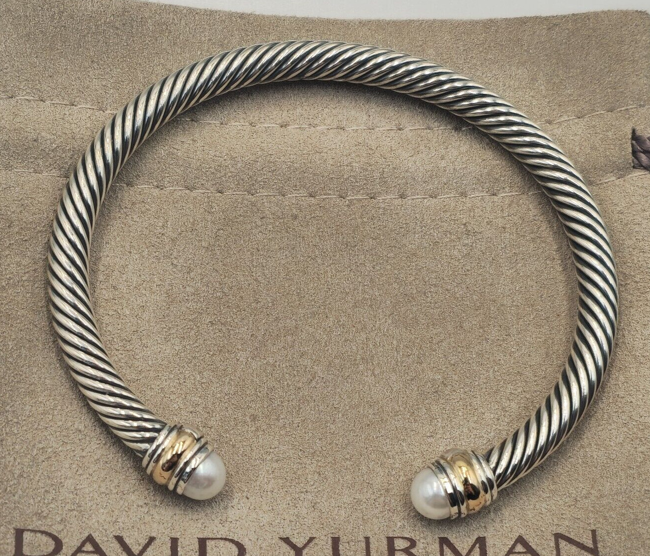 David Yurman Sterling Silver & 14k Gold Pearl 5mm Cable Cuff Bracelet