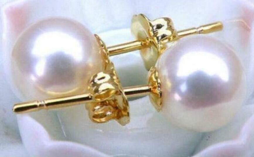 AAAAA 7-8 mm Round Natural Akoya White Pearl Earring 14K Yellow Gold