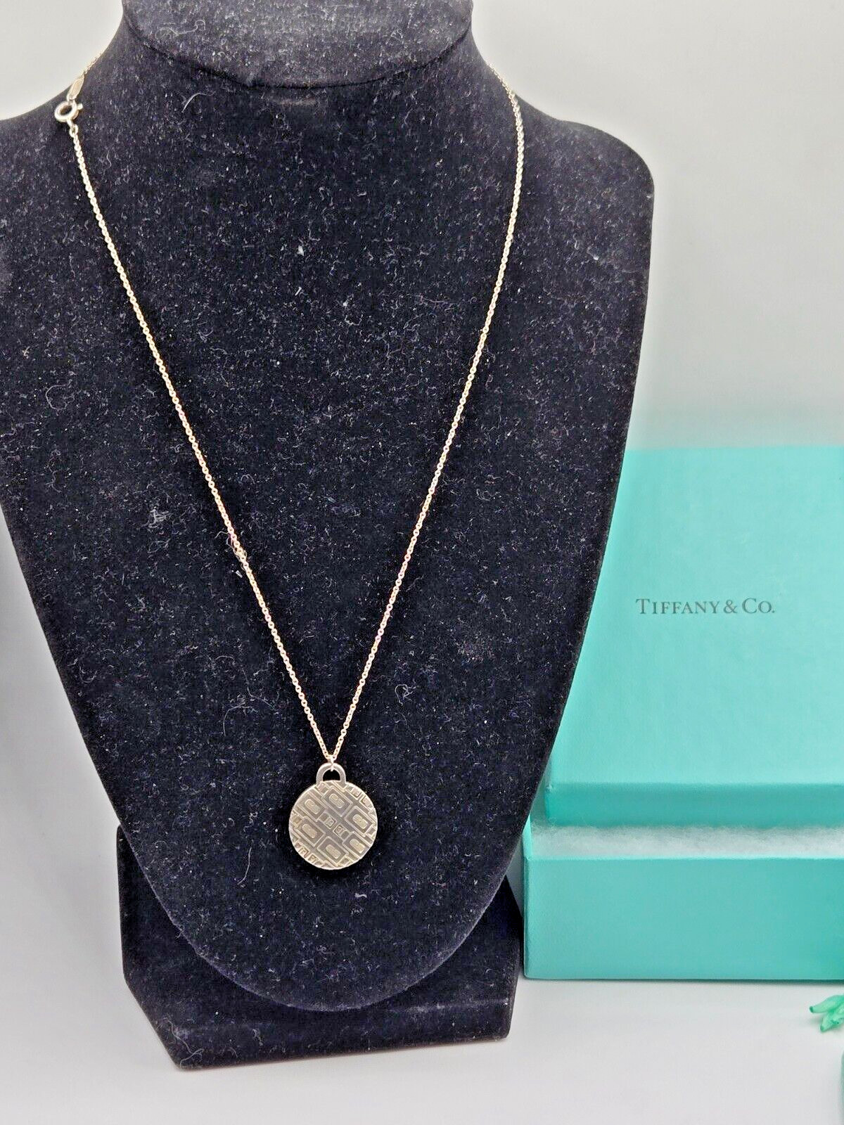 Tiffany & Co sterling signed 45 year clinique necklace 18″ chain 1″ pendant