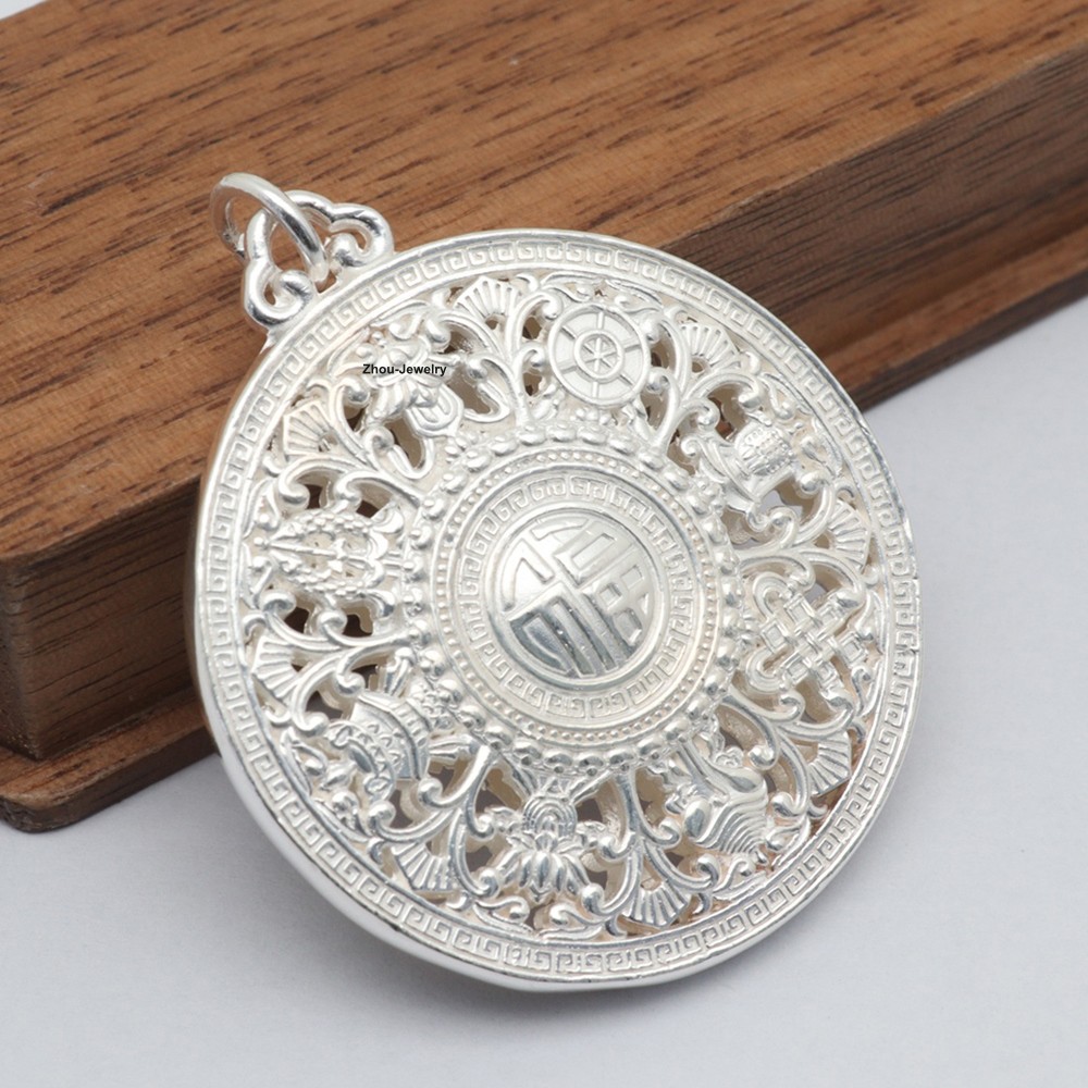 Pure 999 Fine Silver Pendant Buddhist Lucky Pattern Pendant 31mm W