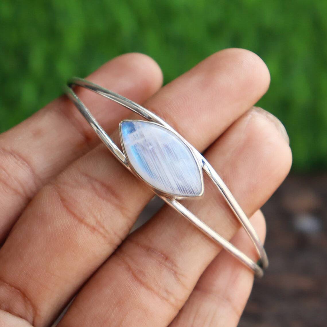 Blue Moonstone Bangle Solid 925 Silver Handmade Women Cuff Bracelet Jewelry #037