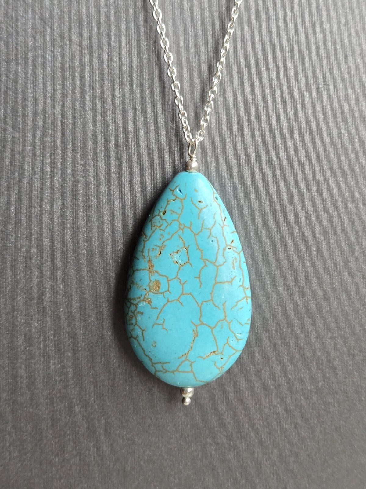 Genuine Blue Howlite Teardrop Necklace 20 Inches in Sterling Silver 35.00 ctw