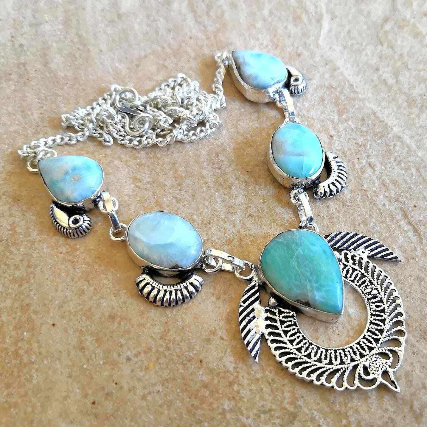 Handmade Blue Caribbean Larimar Pectolite 925 Sterling Silver 21″ Necklace N2234