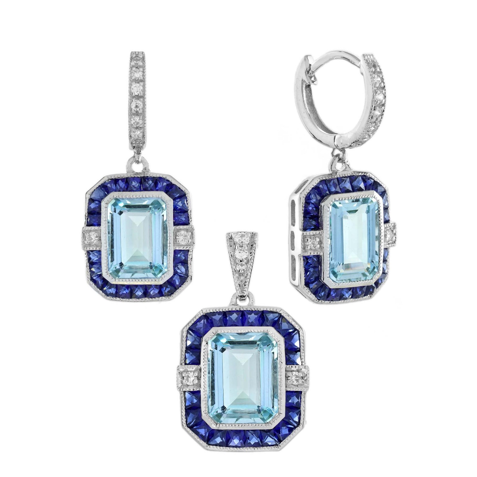 14K Gold Natural Aquamarine Diamond Art Deco Style Pendant Earrings Jewelry Set